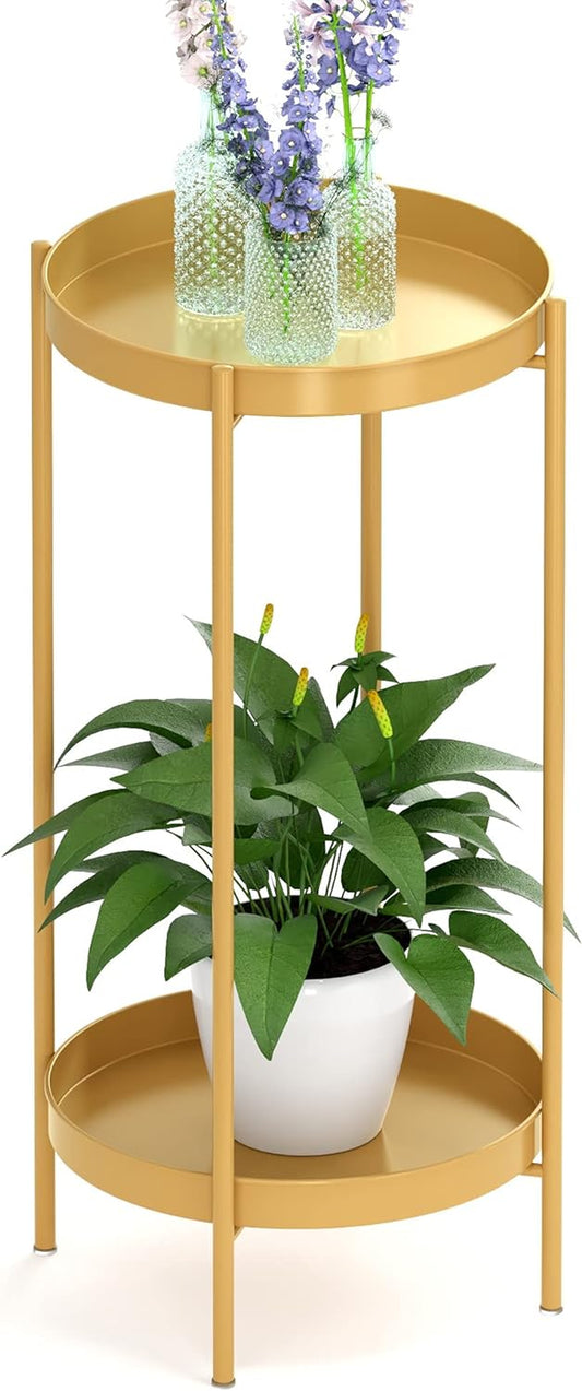 Plant Stand Indoor Outdoor - Flower Pot Holder Metal Plant Rack Organizer, 2 Tiers Tall Plant Display Storage Shelf Table for Home Garden Patio Bathroom Office Living Room Balcony Corner (Gold)