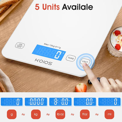 USB Rechargeable Food Scale, 33Lb/15Kg Kitchen Scale Digital Weight Grams and Oz for Cooking Baking, 1G/0.1Oz Precise Graduation, Waterproof Tempered Glass, 6 Weight Units, Tare Function