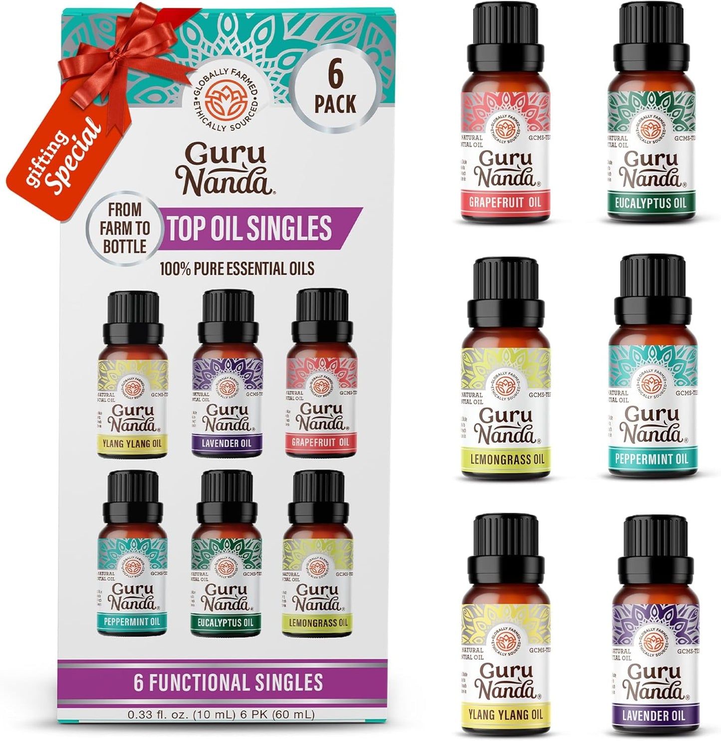 Guru Nanda (Set of 6) Therapeutic Grade Essential Oils - 100% Pure & Natural Aromatherapy Single Notes for Oil Diffusers & Topical Use - Lavender, Peppermint, Eucalyptus, Orange, Lemongrass, Cedarwood