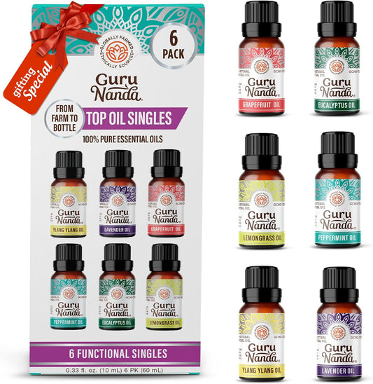 Guru Nanda (Set of 6) Therapeutic Grade Essential Oils - 100% Pure & Natural Aromatherapy Single Notes for Oil Diffusers & Topical Use - Lavender, Peppermint, Eucalyptus, Orange, Lemongrass, Cedarwood