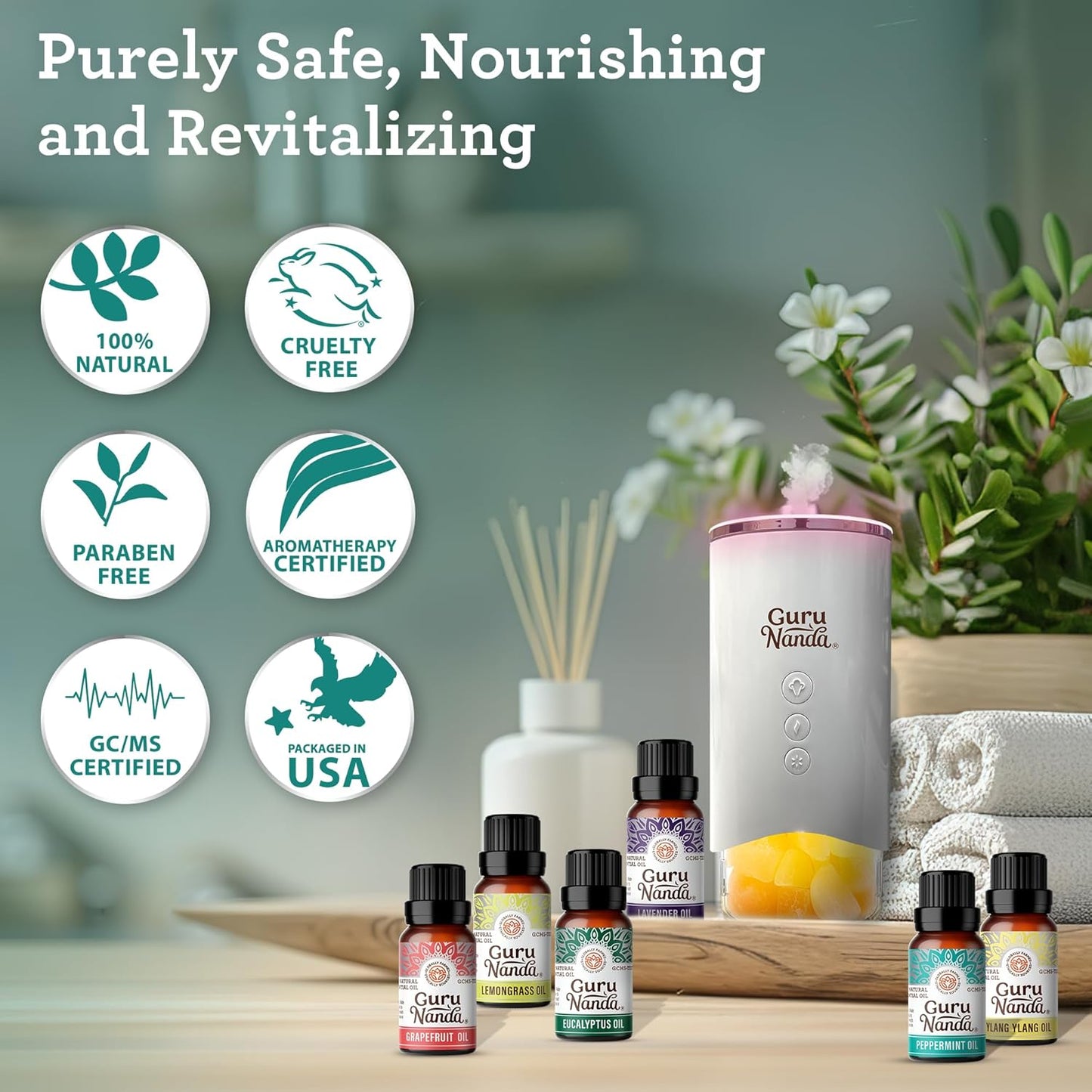 Guru Nanda (Set of 6) Therapeutic Grade Essential Oils - 100% Pure & Natural Aromatherapy Single Notes for Oil Diffusers & Topical Use - Lavender, Peppermint, Eucalyptus, Orange, Lemongrass, Cedarwood