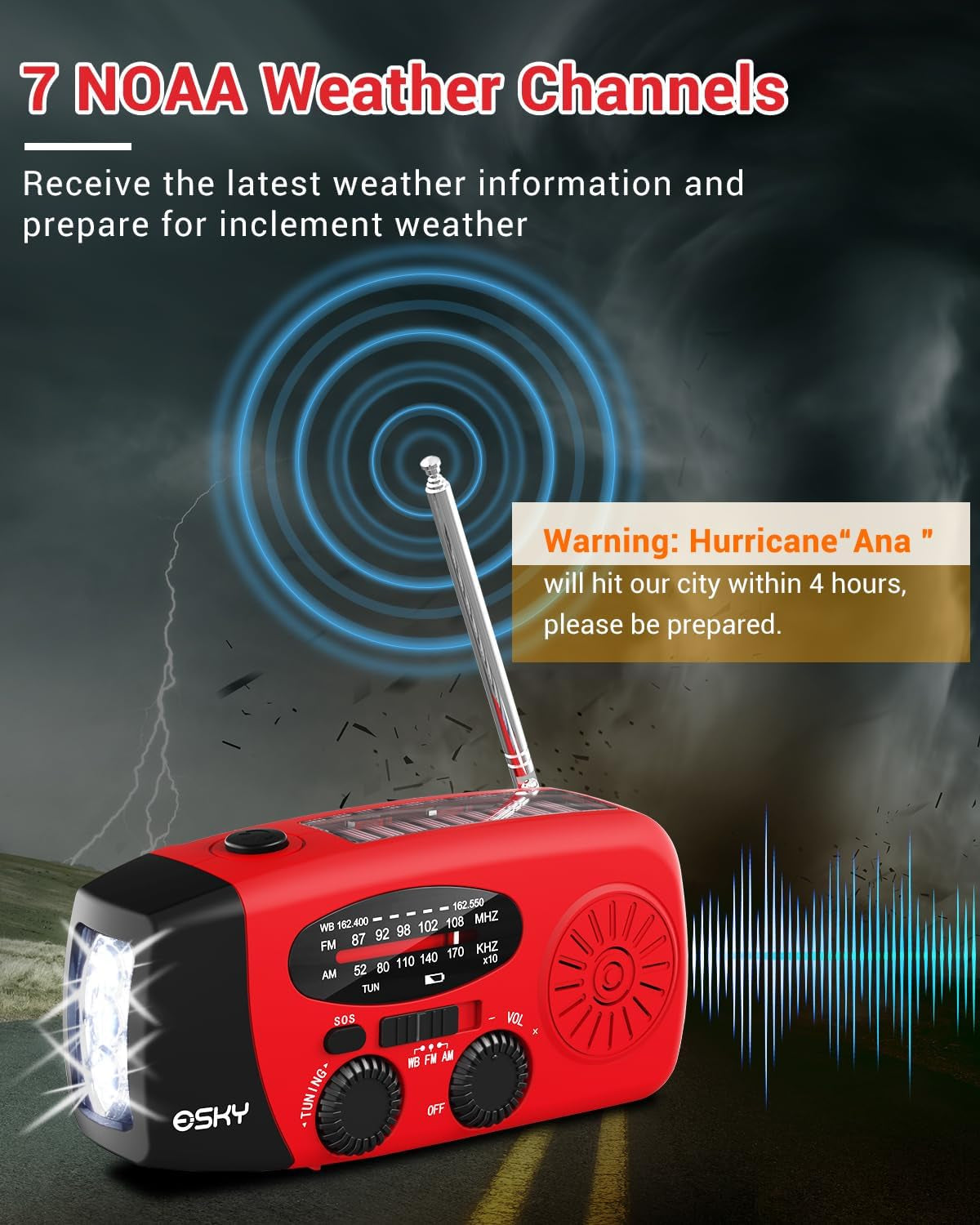 Emergency Hand Crank Radio with 3 LED Flashlight, AM/FM/NOAA Portable Weather Radio with 2000Mah Power Bank Phone Charger, Solar Powered USB Charged Radio for Indoor Outdoor Camping, SOS Alarm