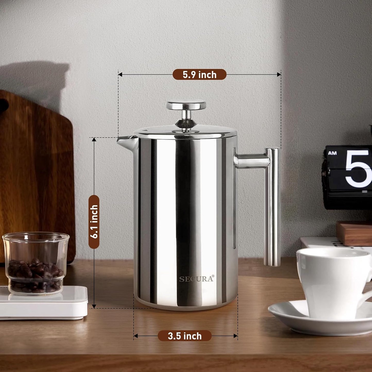 French Press Coffee Maker, 304 Grade Stainless Steel Insulated Coffee Press with 2 Extra Screens, 12Oz (0.35 Litre), Silver (SFP-12DS)