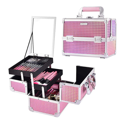 Makeup Train Case Portable Cosmetic Organizer Box Jewelry Storage Case 2 Trays Mirror Lockable with Keys Travel Makeup Organizer Case for Girls Makeup Artist, Cosmetologist, Makeup Tools Makeup Box Mermaid Pink