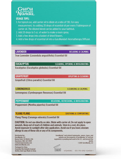 Guru Nanda (Set of 6) Therapeutic Grade Essential Oils - 100% Pure & Natural Aromatherapy Single Notes for Oil Diffusers & Topical Use - Lavender, Peppermint, Eucalyptus, Orange, Lemongrass, Cedarwood