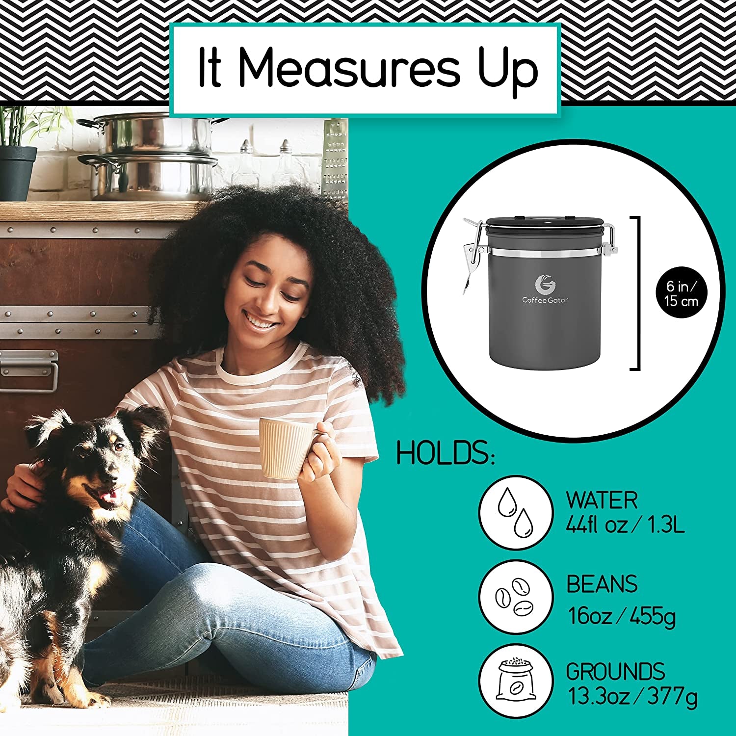 Coffee Canister – 6” Stainless Steel Airtight Coffee Containers for Ground Coffee W/ Date Tracker, Co2-Release Valve, Measuring Scoop & Travel Jar - Medium, Gray