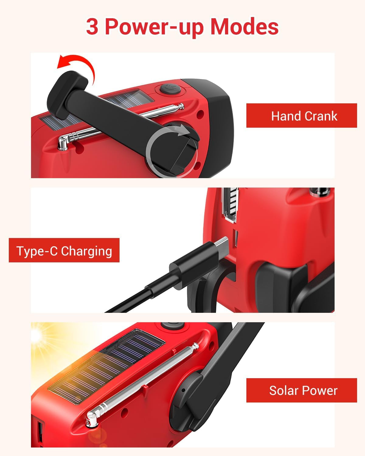 Emergency Hand Crank Radio with 3 LED Flashlight, AM/FM/NOAA Portable Weather Radio with 2000Mah Power Bank Phone Charger, Solar Powered USB Charged Radio for Indoor Outdoor Camping, SOS Alarm