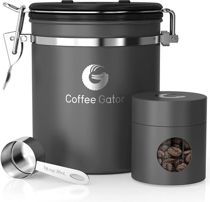 Coffee Canister – 6” Stainless Steel Airtight Coffee Containers for Ground Coffee W/ Date Tracker, Co2-Release Valve, Measuring Scoop & Travel Jar - Medium, Gray