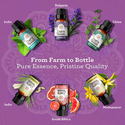 Guru Nanda (Set of 6) Therapeutic Grade Essential Oils - 100% Pure & Natural Aromatherapy Single Notes for Oil Diffusers & Topical Use - Lavender, Peppermint, Eucalyptus, Orange, Lemongrass, Cedarwood