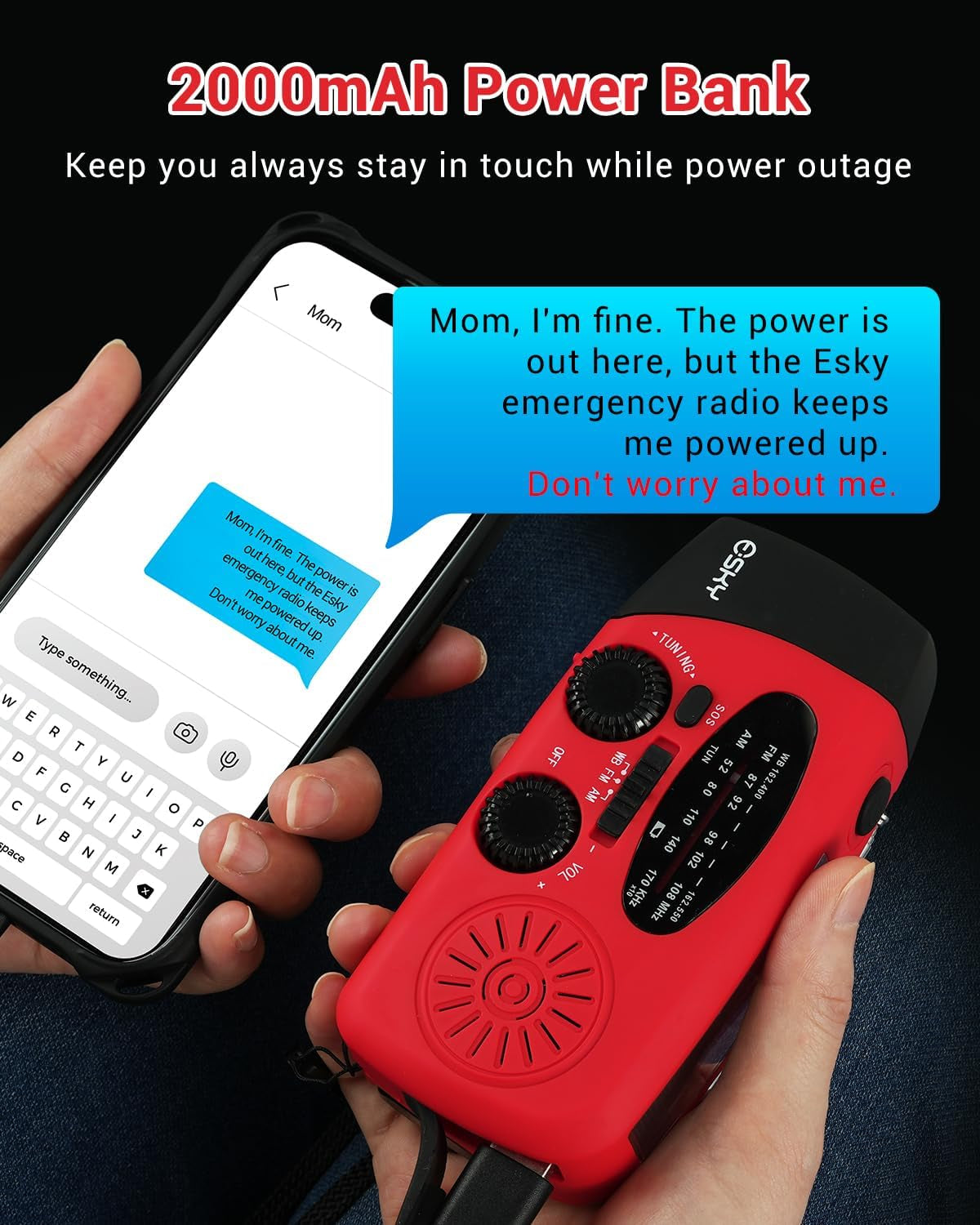 Emergency Hand Crank Radio with 3 LED Flashlight, AM/FM/NOAA Portable Weather Radio with 2000Mah Power Bank Phone Charger, Solar Powered USB Charged Radio for Indoor Outdoor Camping, SOS Alarm