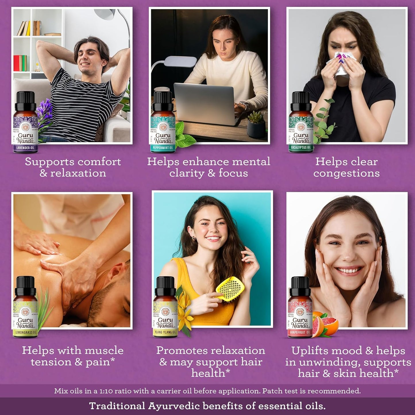 Guru Nanda (Set of 6) Therapeutic Grade Essential Oils - 100% Pure & Natural Aromatherapy Single Notes for Oil Diffusers & Topical Use - Lavender, Peppermint, Eucalyptus, Orange, Lemongrass, Cedarwood