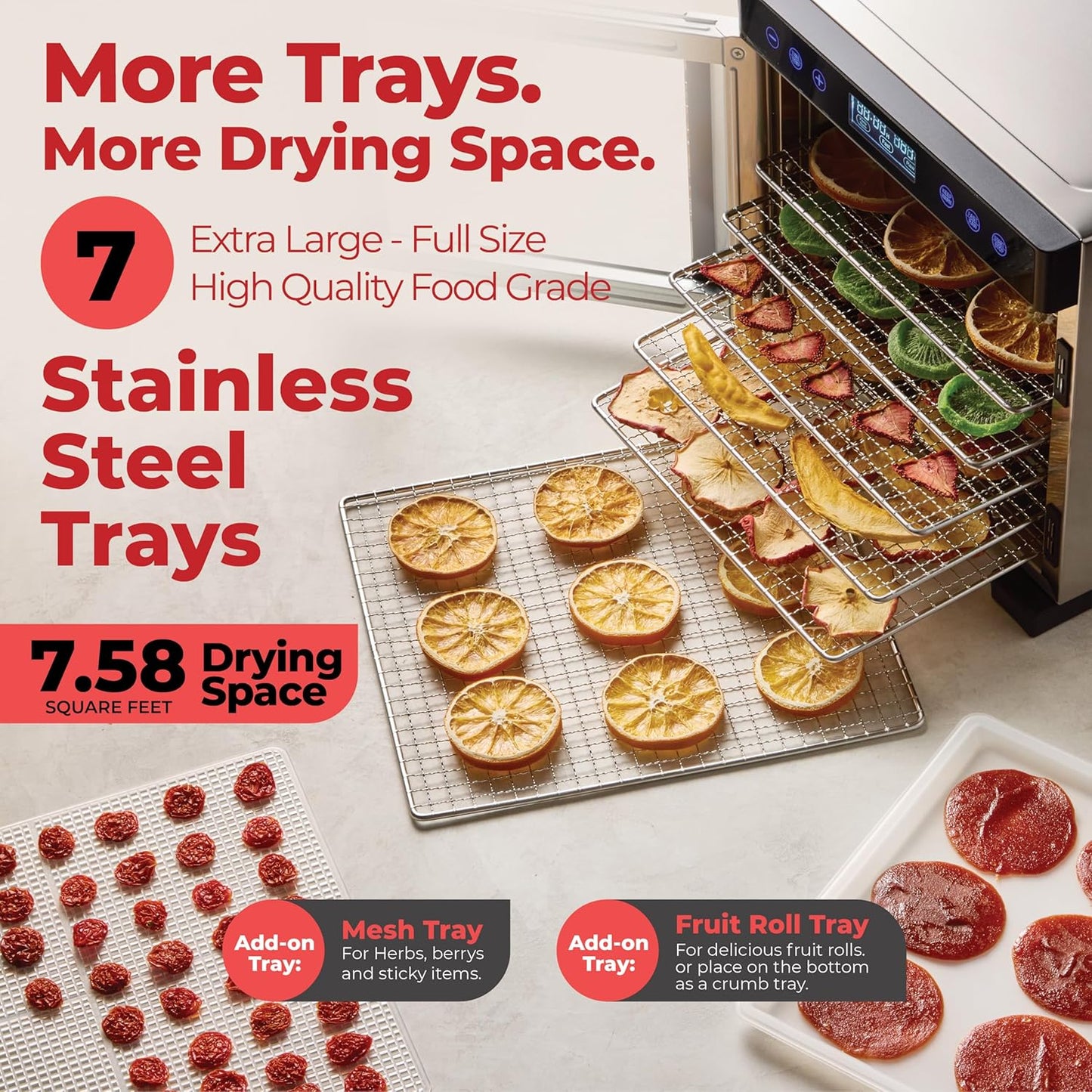 Food Dehydrator Machine | 7 Stainless Steel Trays | Dryer for Jerky, Dog Treats, Herb, Meat, Beef, Fruit | Keep Warm Function, Digital Timer and Temperature Control, Equipped Safety Over-Heat Protection, ETL Approved - (MFD-7070, 7 Stainless Steel Trays)