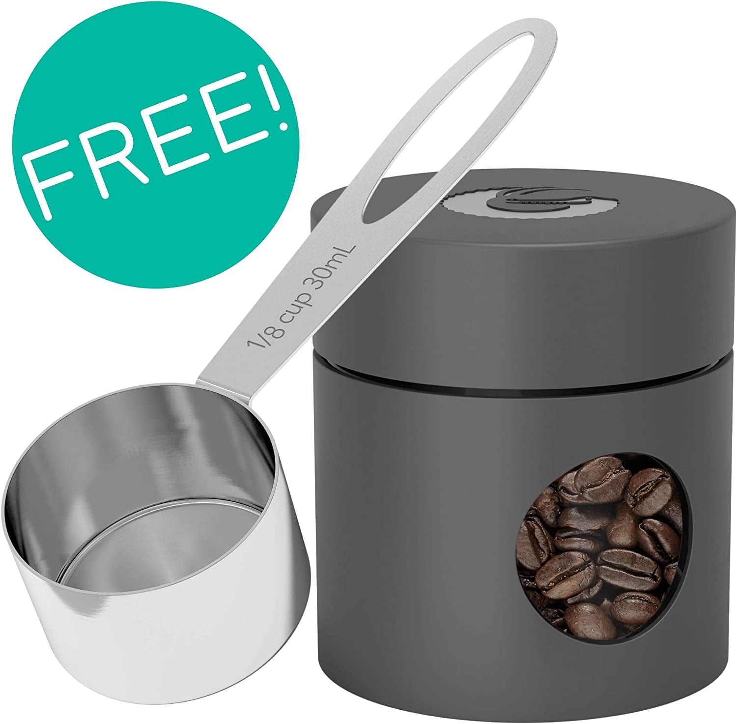 Coffee Canister – 6” Stainless Steel Airtight Coffee Containers for Ground Coffee W/ Date Tracker, Co2-Release Valve, Measuring Scoop & Travel Jar - Medium, Gray