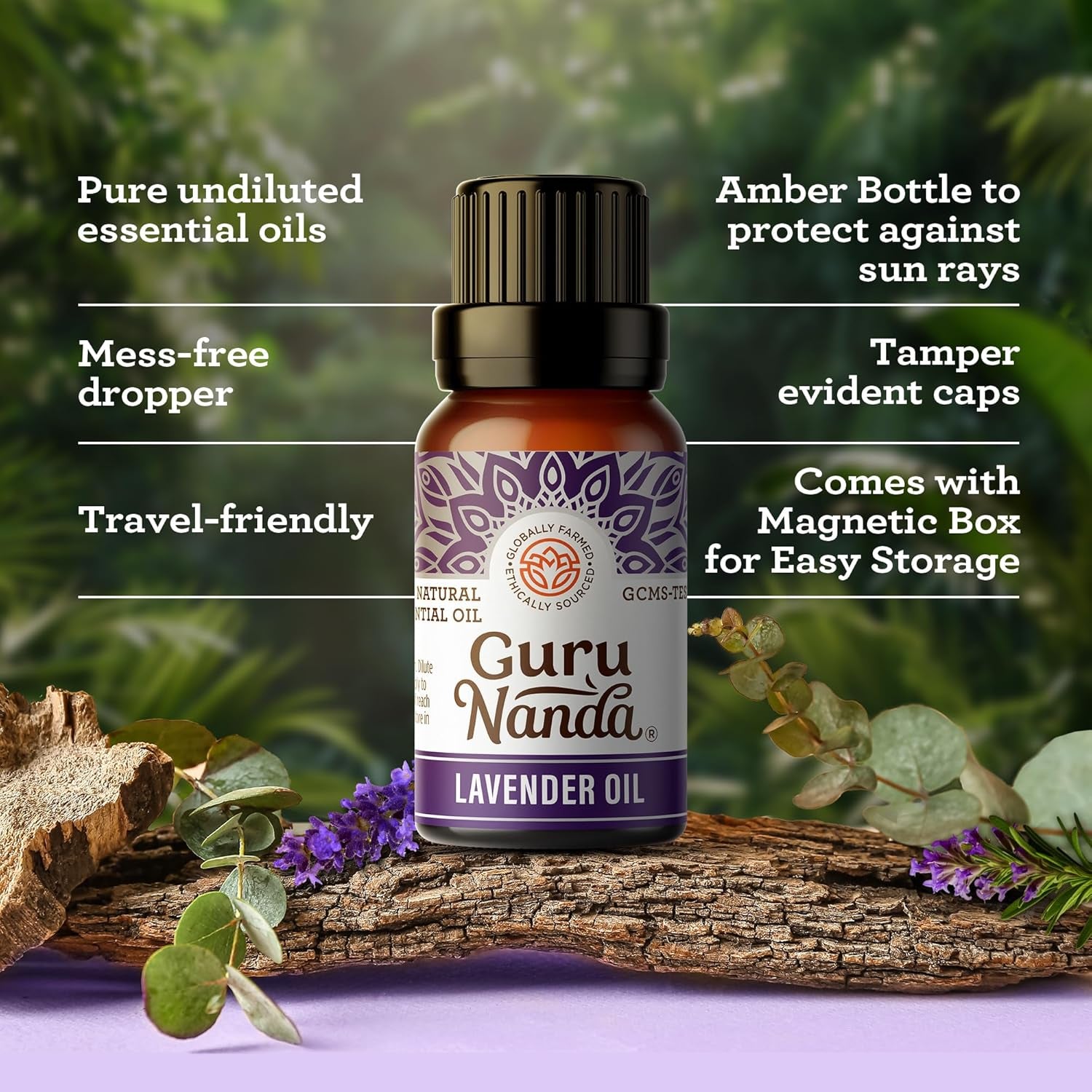 Guru Nanda (Set of 6) Therapeutic Grade Essential Oils - 100% Pure & Natural Aromatherapy Single Notes for Oil Diffusers & Topical Use - Lavender, Peppermint, Eucalyptus, Orange, Lemongrass, Cedarwood